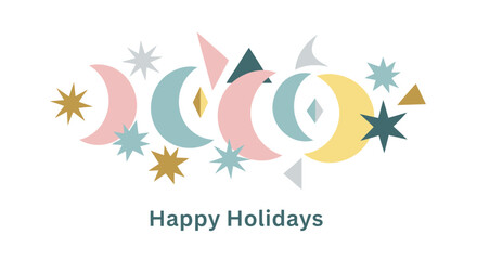 Obraz premium Whimsical pastel crescent moons and stars with happy holidays text on white background