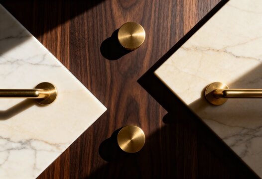 Flat lay of luxury cabinet hardware with brass handles and marble bases. Modern interior design elements on a dark wood surface. Material selection for home renovation