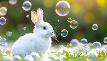 White rabbit on sunlit grass surrounded by floating soap bubbles for editorial nature photography whimsical decor and poetic serenity-themed visuals