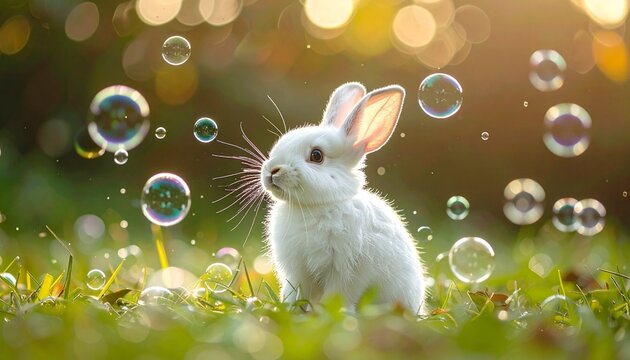 White rabbit on sunlit grass surrounded by floating soap bubbles for editorial nature photography whimsical decor and poetic serenity-themed visuals
