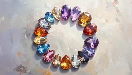 Circular arrangement of multicolored gemstones on textured surface with radiant lighting for editorial jewelry photography elegant decor and poetic brilliance-themed visuals