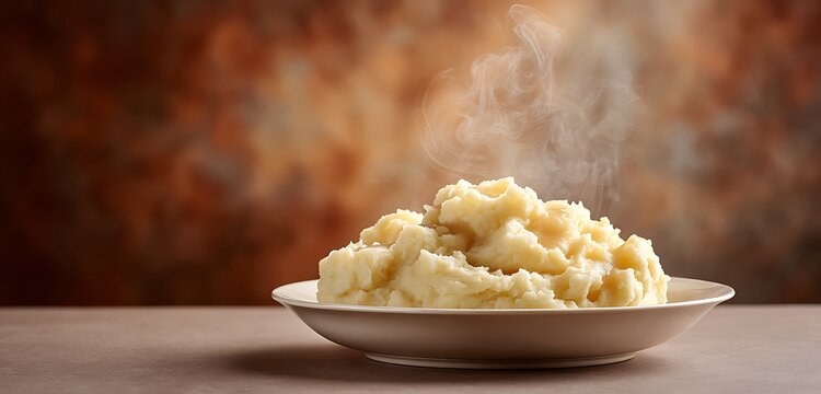 A steaming bowl of creamy mashed potatoes with gravy, placed on a simple white plate against an abstract backdrop of warm hues