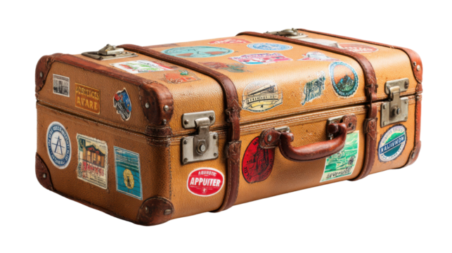 Old vintage leather suitcase decorated with colorful travel stickers symbolizing adventure, exploration, vacation, and nostalgia on white background - Powered by Adobe