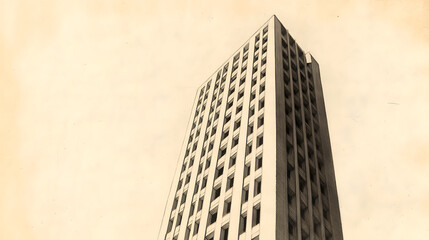 An artistic monochrome shot captures a tall building from a low angle, its height accentuated against a light sky. Simple lines define its structure and form.