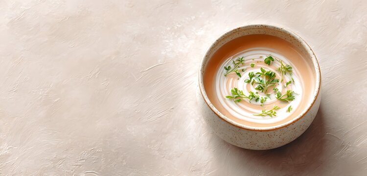 A steaming bowl of soup with fresh herbs and a swirl of cream, set on a neutral abstract background with soft light