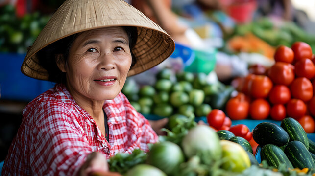 Asian woman with a conic hat selling fresh produce at a vibrant local market. Her red and white shirt matches the fresh tomatoes, cucumbers, pumpkins and green eggplants surrounding her stall.