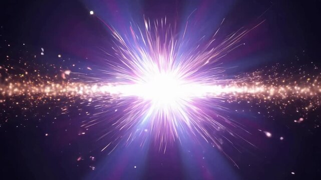 Massive horizontal light explosion creating a supernova starburst. Cosmic big bang energy flash with particles.