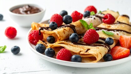 Crepes with chocolate drizzle, vanilla topping, fresh berries, and mint garnish on white plate for editorial dessert photography festive decor and poetic indulgence-themed visuals