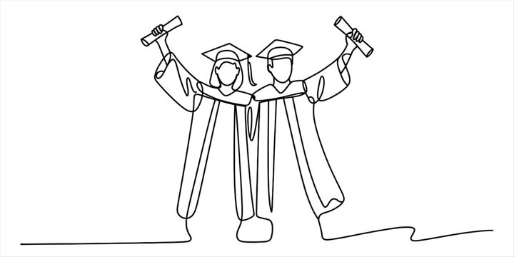 Continuous line drawing of two happy university graduates in academic dress with diplomas celebrating their educational success and achievement