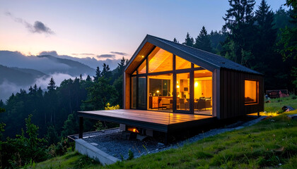  AI-generated image of A contemporary cabin-style house with large glass windows and a sloped roof, nestled on a grassy hillside surrounded by dense forest and misty mountains.