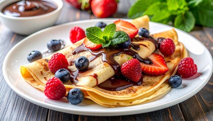 Crepes with chocolate drizzle, vanilla topping, fresh berries, and mint garnish on white plate for editorial dessert photography festive decor and poetic indulgence-themed visuals