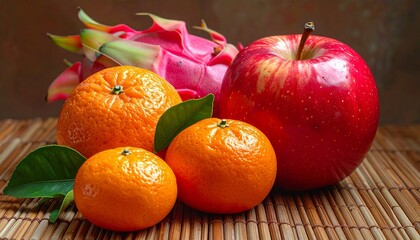 Assorted fresh fruits including tangerines, red apple, and pink dragon fruit on bamboo mat for editorial food photography natural decor and poetic abundance-themed visuals
