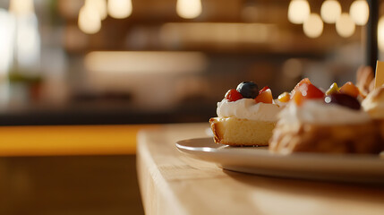 Indulge in the delectable delight of fruit topped tarts on a wooden table, offering a burst of flavors and textures with every bite. Sweet pastry treat.
