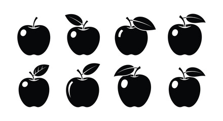 Simple black and white illustration of several apples in various positions