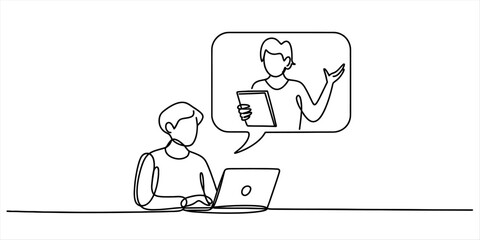 Continuous line art of a person using a laptop for a video call, with a speaker in a speech bubble, representing remote work today.