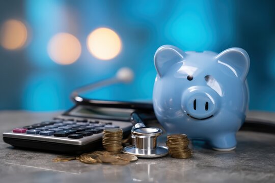 Piggy bank, calculator, stethoscope, and coins representing medical savings, health insurance, and financial planning for healthcare expenses