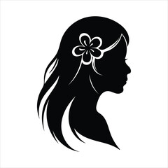 Graceful woman profile silhouette, long flowing hair with a decorative flower