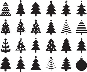 Obraz premium Black Christmas Tree Silhouette Set, Festive Holiday Pine Tree Vector Icons