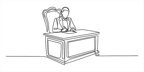 Continuous line drawing of a person in formal wear, seated at a desk, diligently writing on paper. depicting concepts of work, study, and agreement.
