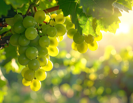  AI-generated image of green grapes illuminated by sunlight, hanging from a vine with lush green leaves. The soft background highlights a peaceful vineyard setting, perfect for agricultural - Powered by Adobe