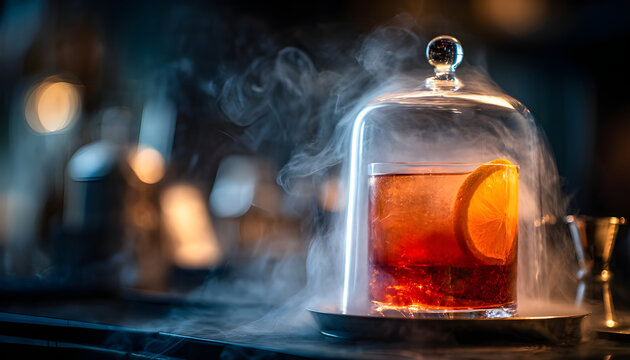 Serving drink. Cocktail fume. Glass cap cloche cold smoke removing from alcoholic beverage. Spectacular making aperitif on pub counter