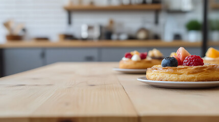 Delicious fruit tarts on a wooden table, perfect for a tasty treat! Close-up shot capturing the vibrant colors of the fruits and the flaky pastry in a cozy kitchen.