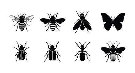 Black and white illustration depicting various insects including bees and butterflies