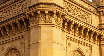Architectural detail of historic stone building with ornate carvings