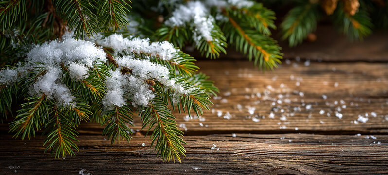 Winter's Embrace: A close-up shot of a snow-laden evergreen branch resting on a rustic wooden surface, creating a scene of winter tranquility. 
