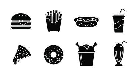 Black and white icons depicting various fast food and dessert items