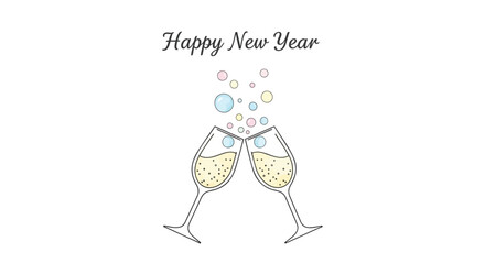 Happy new year celebration with champagne glasses clinking and colorful bubbles rising against a white background