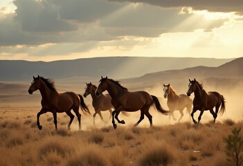 A Dynamic Herd of Horses Galloping Through Dusty Plains Under Dramatic Skies
