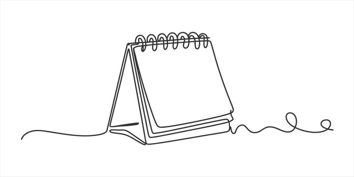 Continuous one line drawing of a desk calendar with spiral binding, isolated on a white background, representing time, planning, and schedule management concepts