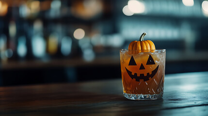 Spooky cocktail with Jack O'Lantern design and small pumpkin garnish. Halloween-themed drink with ice cubes on the table. Festive and unique for a themed party.