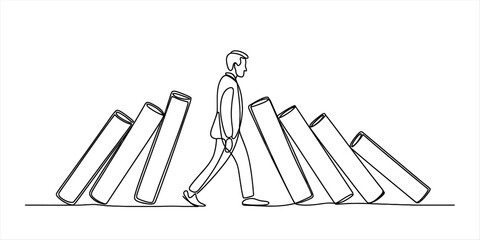 Man walking confidently through falling dominoes, a visual metaphor for resilience, overcoming obstacles, and active problem-solving leadership