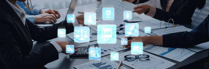 Law icons illustrate justice, court, and regulation system. Law represents fairness, law supports...