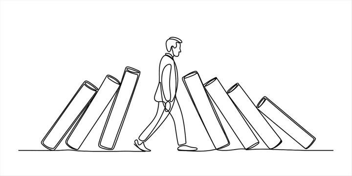 Man walking confidently through falling dominoes, a visual metaphor for resilience, overcoming obstacles, and active problem-solving leadership