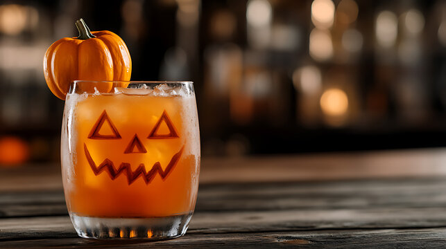 Celebrate the spooky season with this delicious autumnal beverage. This festive cocktail features a pumpkin garnish and carved jack-o-lantern face. Enjoy responsibly!