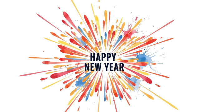 Happy new year text centered within a vibrant watercolor explosion of red yellow and blue paint splatters and streaks