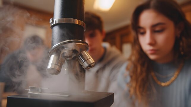 A microscope with swirling fog sits in a lab setting as students focus on a scientific experiment