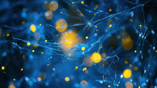 Intricate web-like patterns intertwine with glowing golden orbs against a deep blue backdrop, creating a captivating abstract composition in low light.