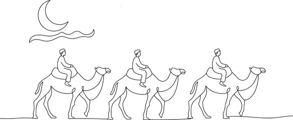 Elegant continuous line drawing of three people riding camels under a crescent moon at night, depicting a classic desert journey or caravan voyage.