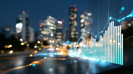Defocused financial district skyline overlaid with transparent data grids and index graphs, soft bokeh lights, with copy space - Powered by Adobe