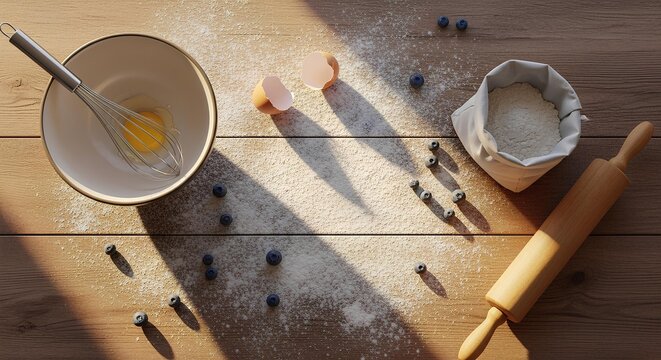 Top view of baking ingredients and tools on a wooden table with natural light. Egg, flour, whisk, and rolling pin create a warm homemade cooking atmosphere. - Powered by Adobe