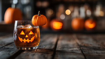 Festive Halloween themed drink with Jack O Lantern design on glass and small pumpkin on rim, set on rustic wood table with other pumpkins in the background.
