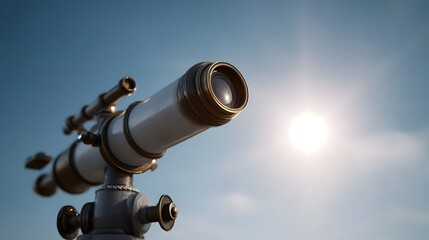 A vintage brass telescope points towards the bright sun in a clear blue sky symbolizing explo n and discovery