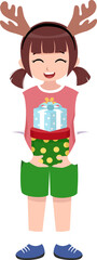 Smiling Girl with Reindeer Antlers Holding Stacked Presents. Perfect vector illustration for Christmas cards, holiday decorations, or kids celebration design projects.
