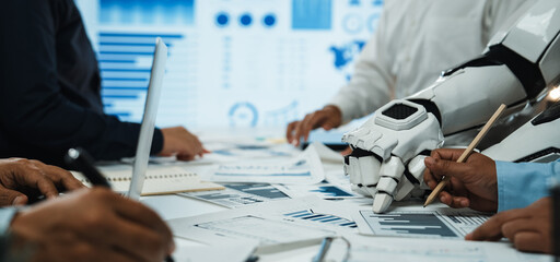 A dynamic scene depicting collaboration between humans and a robot in a modern office, focusing on...