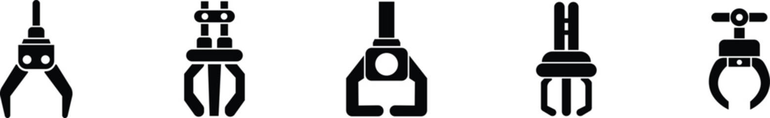 Obraz premium Grabber Robotic Arm Icon Set, Industrial Claw, Mechanical Hand, Automation Tool, Factory Robot, and Engineering Machine Symbol Collection and Group Vector in Black Color Flat Style
