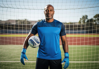 Confident Black male soccer goalkeeper holding a ball in front of a goal. Portrait of a middle-aged athletic man in sportswear on a football field